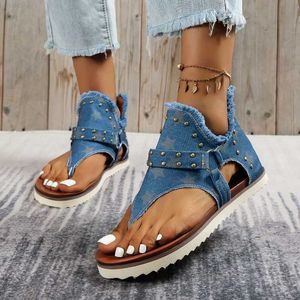 Hausschuhe Retro Clip-Toe Damen Sandalen Denim Star Print Niete Strand Punk Flip Flops Lässige rutschfeste Rückseite Reißverschluss Römische Sandalen Neuer Sommer L230725