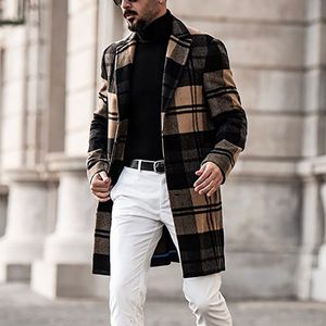 Erkeklerin Karışımları Avrupa ve Amerikalı Erkekler Giyim Ekose Yün İnce Orta Uzunluk Sıradan Palto Ceket 230725