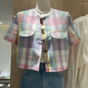 Women's Jackets Streetwear Short Sleeve Plaid Jacket Women Spring Summer Vintage Coat Outerwear Top Chaquetas Mujer