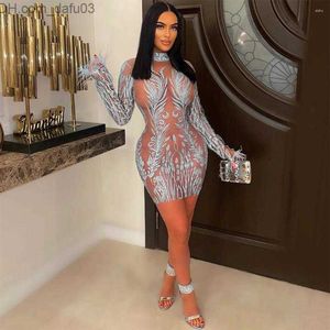 Basic Casual Dresses Casual Dresses year 2022 Sexy Party Club Outfits Sheer Mesh Long Sleeve Mini Dress Women Glitter Sequin Embellished Birthday Z230725
