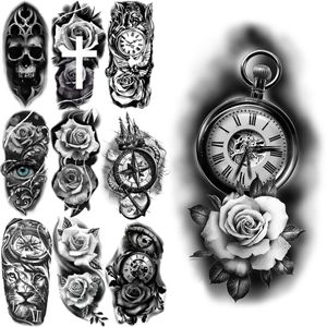 Small Compass Flower Temporary Tattoos For Women Men Realistic Skull Cross Eye Lion Fake Tattoo Sticker Arm Leg Tatoos Creative