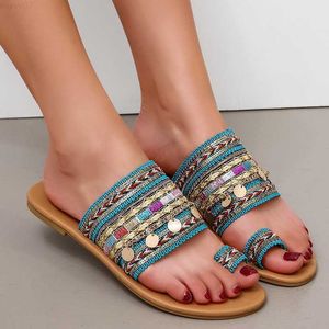 Slippers Rimocy Women Flat Bohemian Sandals Summer Anti-Slip Beach Flip Flops Woman Metal Decoration Clip Toe Outdoor Slippers Plus Size L230725