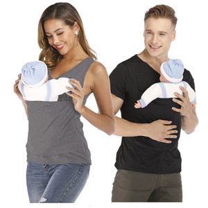 Maternità Top Tees T-shirt con tasca a marsupio di sicurezza Vestiti per la gravidanza del bambino Estate Madre Padre T-shirt in cotone di nylon di alta qualità 230724