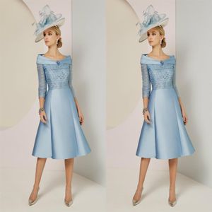 2019 Elegant Mother Of The Bride Dresses Off Shoulder 3 4 Long Sleeves Prom Dress Knee Length Wedding Guest Gowns Cheap Light Blue250s