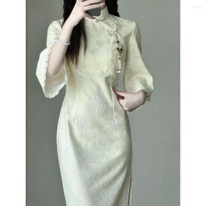 Ubranie etniczne kobiety Beige Lace Cheongsam sukienka Vintage dziewczyna tradycyjne sukienki z wielkim rękawem Ulepszona wiosenna wysoka jakość długiej qipao s to