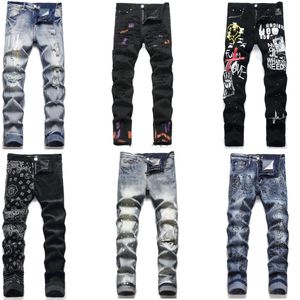 Designer Herren Jeans Hosen Hose Zerrissene High Street Fashion Jeans Pantalones Vaqueros Para Hombre Motorrad Stickerei Trendy Lange Hip Hop Loch Blau amiiri