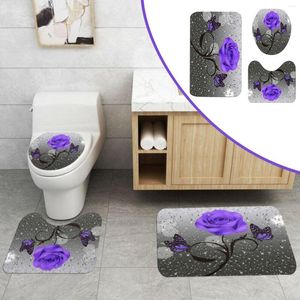 Bath Mats Heated Blanket Twin Size 3Pcs Retro Butterfly Rose Bathroom Mat U Shape Rug Toilet Lid Cover Set (Purple) H Carpet