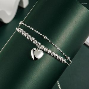 Связанные браслеты стерлингового серебряного цвета для женщин двойной слои сердца очаровывать