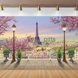 Background Material Eiffel Tower Photography Background Retro Column Paris Landscape Architecture Balcony Overlooking Street View Background Poster x0724