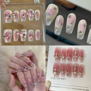 Unhas Postiças Pó Francês Blush Unhas postiças vestíveis Lantejoulas Flash Unhas postiças Cobertura completa Pontas de unhas acrílicas Pressione as unhas 230724