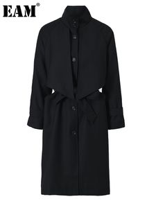 Women S Trench Coats Eam Black Back Button duży rozmiar długi rękaw klapowy luz luźny wiatrakowy wiatrowa jesień 2023 17a599 230725