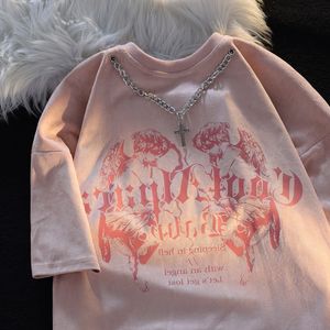 レディースTシャツアメリカンレトロインシングブランド特大ストリートネックレス半袖Tシャツの男性と女性カップルハーフスリーブ特大Tシャツ230724