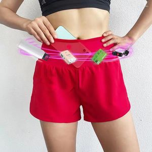 Running Shorts Women's Yoga 5 Pockets Invisible Phone Bag Fake Two Pieces High midje Female Gym Fitness Short Pants