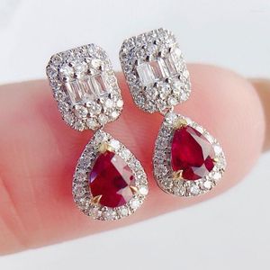 Stud Earrings Luxury Engagement Earings Fashionable Silver Inlaid With Red Gems Water Droplet Shaped For Women Wedding Jewelry Gift