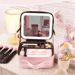 Cosmetic Bags Cases Smart LED Makeup bag With Mirror Large Capacity Waterproof PU Leather Travel Eyebrow Tattoo Case For Women 230725