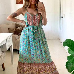 Casual Dresses Spring Green Floral Straps Summer Buttons Down Long Boho Sleeveless Dress for Women Beach Plus Size Party Wear