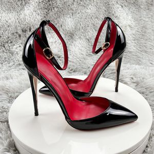 Elbise ayakkabılar siyah patent deri kadın ayak bileği kayışı ince yüksek topuk pompa açısı ayak parmağı seksi yüksek topuk ayakkabı 8cm 10cm 12cm özelleştirilmiş 33-46 230725