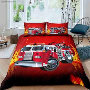消防士トラック羽毛布団カバーキング/クイーンサイズの赤い消防士車の寝具セットボーイズガールズファイアエンジンポリエステルキルトカバーL230704