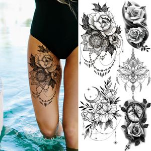 Pingente de mandala de flor de rosa negra 3D tatuagens temporárias para mulheres adultas lótus peônia bússola tatuagem falsa sexy coxa lavável tatuagem