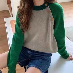 Kobiety swetry Wakuta Kontrast kolor SWEAT KOBIETA Trendy 2023 Style koreański swobodny złote guziki o szyja pullover patchwork dzianin