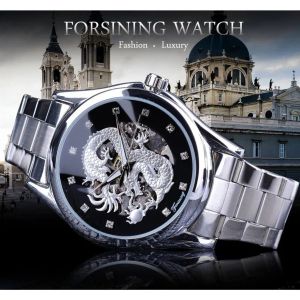 ForSining Diamond Montre Design Silver Rostfri Automatisk Dragon Display Men Homme Luxury Watches Wrist Brand Classic Top Steel H210p
