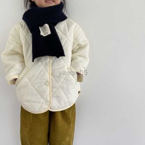 Casaco de penas 2022 inverno meninos e meninas de cor sólida acolchoado casaco unissex crianças com decote em O engrossar jaqueta de algodão HKD230725