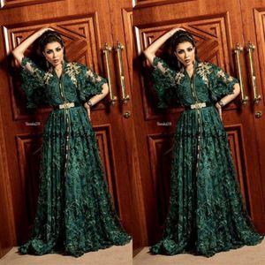 2020 DUBAI Arabski Zielony Green Formalne sukienki wieczorowe z długim rękawem muzułmańskim kaftan Abaya 3D Floral Lace okazja Promowa Suknia 2536