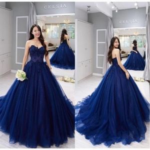 2022 New Sweetheart Ball Gown Prom Quinceanera Dress Vintage Navy Blue Lace Applique Ball Gown Formal Sweet 15 Party Dresses B0606286U