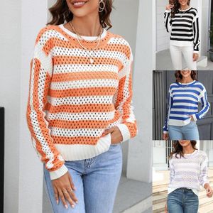 Erkek Sweaters 2023 Erken Sonbahar Kadınlar Hollow Stripe Yuvarlak Boyun Uzun Kollu Örgü Büyük Pullover Sweater Toptan Jumper