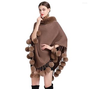 Lenços femininos cashmere sentem poncho lady rex faux pull spallover casaco outono capa quente com xale de malha de bola de cabelo