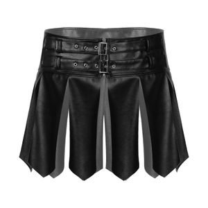 Män svart solid faux läder tofs kort kjol halloween fancy klänning boll kostym justerbar spänne dragkedja midjeband miniskirt