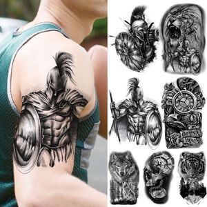 Czarne Spartan tymczasowe tatuaże dla mężczyzn chłopcy Lion Knight Wolf Skull Compass Tiger Fake Tattoo Tattoo Ramię nóg tatoos wodoodporne