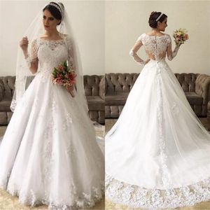 مدهش الدانتيل الطويل الأكمام كرات فساتين الزفاف 2020 Vestido de Noiva Robe de Mariee Illusion Back Wedding Orders288L