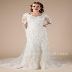 Vintage Dantel Denizkızı V Boyun Mütevazı Gelinlik Uzun Kollu V Boyun Düğmeleri Arka Ülke LDS Gelinlik Resmi Bridal312E