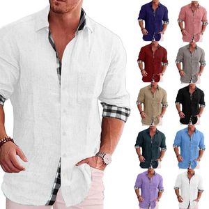 Men's Casual Shirts Men Plaid Blouse Summer Male Turn Down Collar Long Sleeve Polyester Loose Shirt Tops Oversized S-5XL
