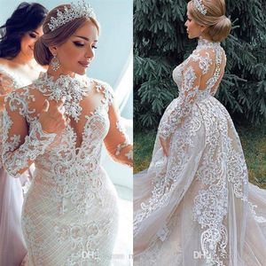 Luxurious 2020 African Mermaid Wedding Dresses With Detachable Train High Neck Lace Bridal Dress Long Sleeves Plus Size Wedding Go2947