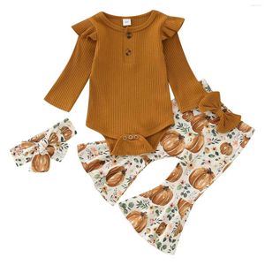 Комплекты одежды детские девочки с длинным рукавом ребристые рамки боди тыква тыква цветочные принты колокольчики брюки для девочек 6 месяцев 6 месяцев