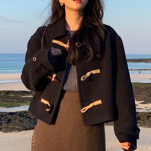 QNPQYX Chic Korean Style Blends Women Young Horn Button Schoolgirls Ulzzang Fashion Vintage Simple Baggy All-match Ins Autumn Outerwear