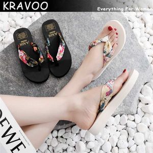 Slippare Kravoo Nya Bohemian Print Flip Flops Shoes for Women Ethnic Slippers Women's Platform Wedges Sandaler Ladies Outside Beach Slides L230725