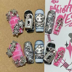 False Nails Handmade Y2K Full Cover False Nail Tip Square Star Skull Pressed onto Nail Reusable Short Acrylic Coffin False Nail with Adhesive Gift 230724