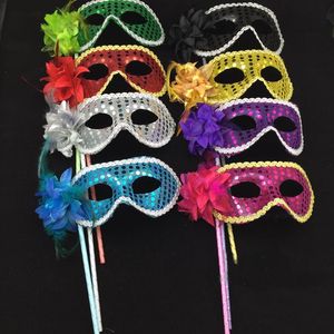 10st Lady Women Feather Eye Mask on Stick Mardi voor Party Prom Ball Elegant Beautiful met Handheld Rob Pasen Verjaardag