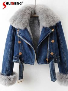 Women's Down Parkas 2022 Autumn Winter New Luxury Fox Fur Collar Rabbit päls foder denim Jacket Kvinnor Metallknappar Korta Jean Coat Casacos HKD230725