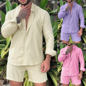 Mens Tracksuits Summer Brand Men Set Fashion Linen Cotton Long Sleeve Button Shirts Beach Casual Shorts Sport Suit Daily Tops Man Outfits 230724