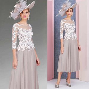 2019 herbatę Mother of the Bride sukienki Jewel Neck Lace Appliqued 3 4 Długie rękawowe Sukienka dla gości Wedna