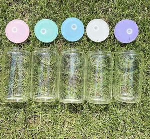 Wholesale Replaced Colored Plastic Lids for 16oz Glass Tumbler Blank Clear Frosted Glass Mason Jar Libby Can Cooler Cola Beer Food Cans 5 Colors