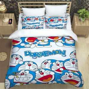 Conjunto de roupa de cama com estampa de desenhos animados Doraemon Conjunto de artigos de cama requintados Conjunto de edredom Capa de edredom Conjunto de cama Conjunto de cama de luxo Presente de aniversário L230704