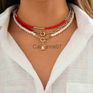 Pendant Necklaces Boho Imitation Pearl Colorful Seed Bead Chain Necklace for Women Summer Scallop OT Buckle Pendant Choker Jewelry Y2K Accessories J230725