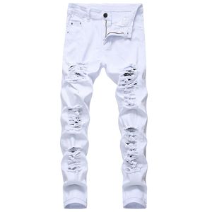 Men s jeans rak hål förstörelsebyxor nödställda män denim modedesigner märke vita byxor manlig stor storlek 230724