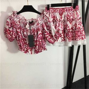 Summer Crop Top T Shirt Short Dress Two Piece Swimwear Vintage Floral Print One Neck Manga Curta Top Curto Cintura Alta Meia Saia Curta Maiô Designer