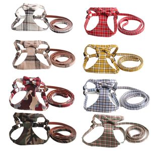 Dogs British style Harnesses Leashes Set 9 Colors Plaid Pattern Adjustable Bow Vest Lined With Suede Schnauzer Persian Cat